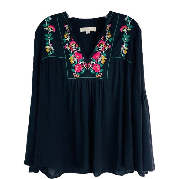 LOFT Tops - Loft black pink floral embroidered boho top large